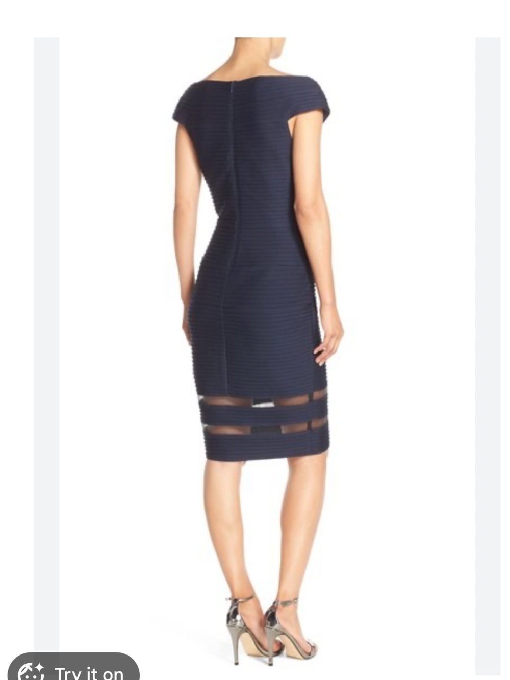 Tadashi Shoji Navy Sleeveless Draped Sheath with Sheer Stripe Detail Sz S - Picture 2 of 8